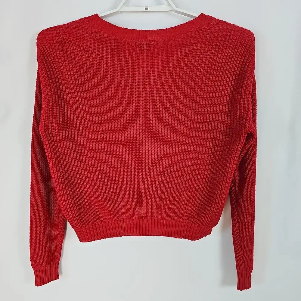 Wild Fable Women Sz S Red Waffle Knit Pullover Cropped Sweater LongSleeve V-neck
